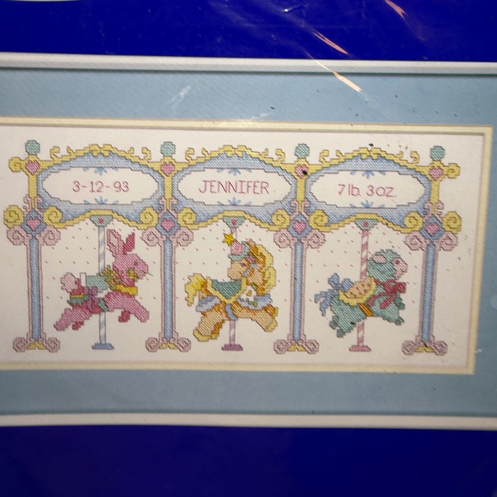 J&P Coats Carousel Birth Record Stamped Cross Stitch Kit Personalizable New